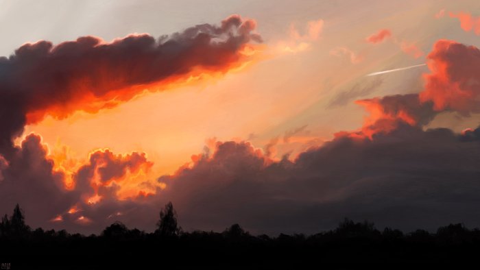 Digital Painting of Sunset Sky with Dramatic Clouds
