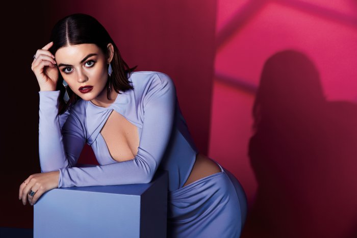 Actress Lucy Hale in a Purple Cutout Dress