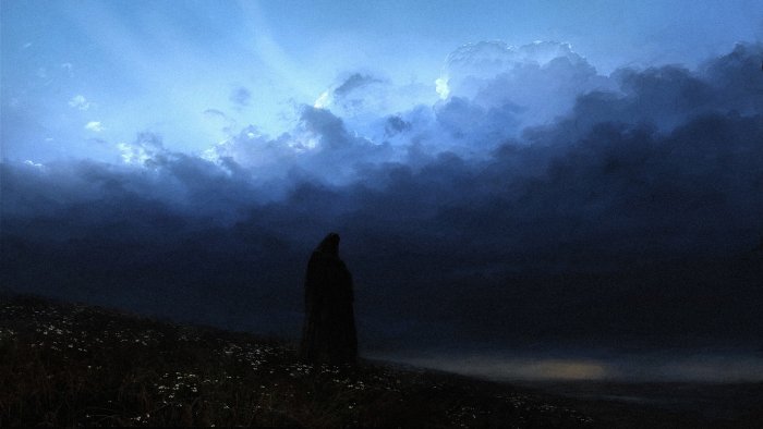 Cloaked figure standing on a hill under storm clouds