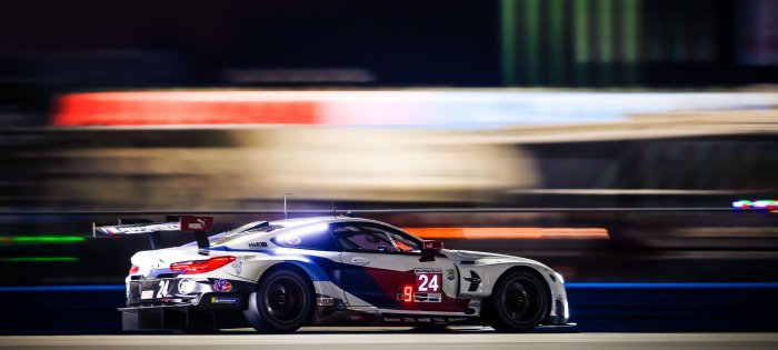 BMW M8 GTE Race Car Speeding on Track at Night