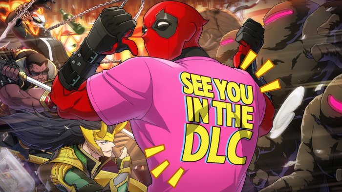 Deadpool in Pink Shirt with Marvel Heroes