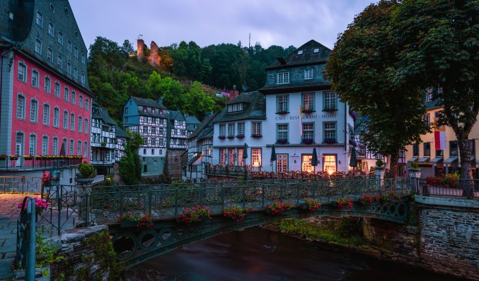 Historic town of Monschau Germany at dusk