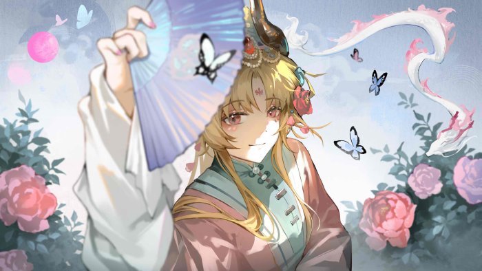 Shu from Arknights holding a folding fan