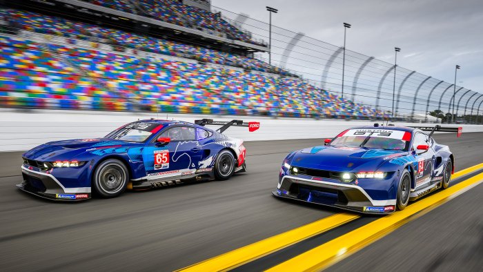 Two Ford Mustang GT3 Race Cars on Track