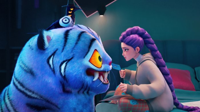 Purple-haired girl and blue tiger in K-Pop: Demon Hunters