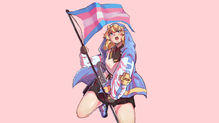 Bridget from Guilty Gear holding a transgender pride flag