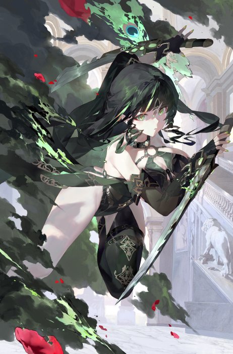 Original anime girl with green hair and dual swords