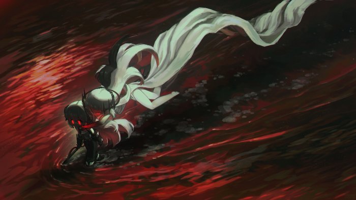 Two dark anime characters in red water by Porforever