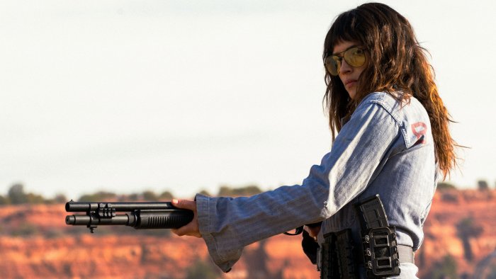 Adria Arjona with Shotgun in Onslaught