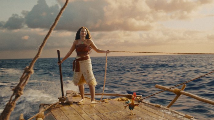 Moana and Heihei on a Boat in Live-Action Moana