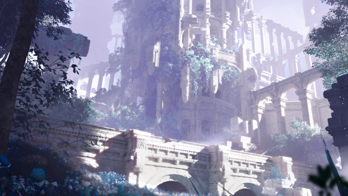 Overgrown ancient stone ruins under a hazy purple sky