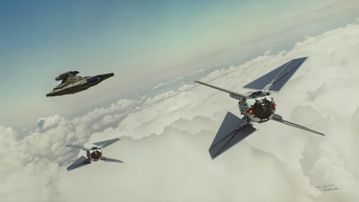 Imperial TIE Fighters and Star Destroyer Over Clouds