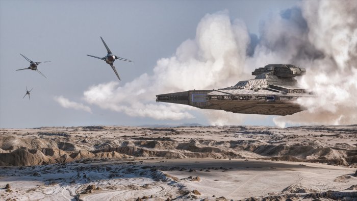 Star Wars Star Destroyer and Starfighters Over Desert