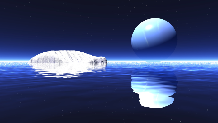 Iceberg floating under a giant blue planet at night