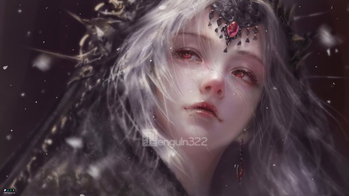 White-Haired Fantasy Girl with Red Eyes by Penguln322