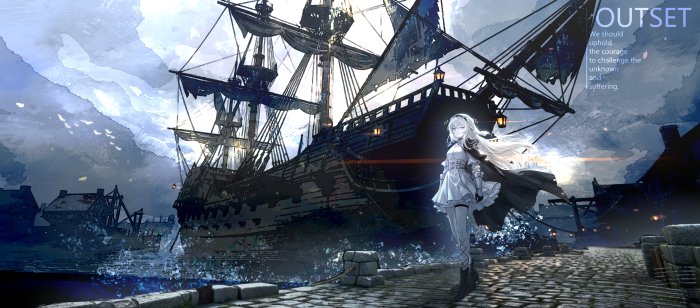 White-Haired Anime Girl Standing on Dock Near Sailing Ship