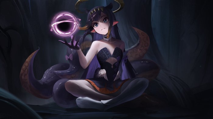 Ninomae Ina'nis from Hololive with purple tentacles and portal