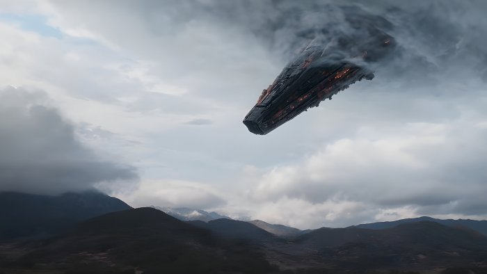 Alien spacecraft emerging from clouds in Hope