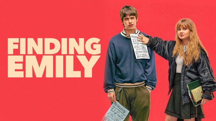 Finding Emily movie poster with main characters on red background
