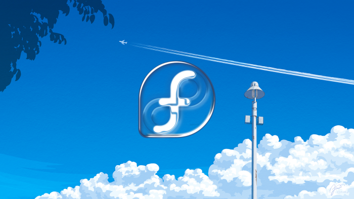 Fedora Linux Logo in Blue Sky with Clouds