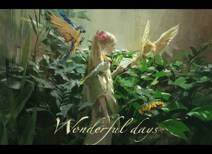Digital painting of a girl reading among parrots