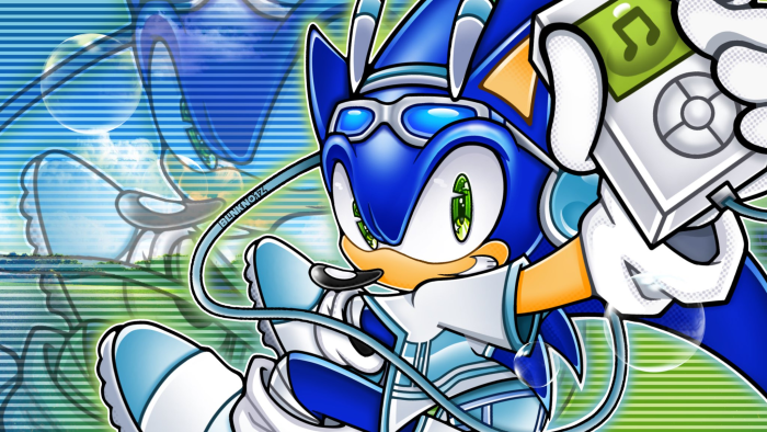 Sonic the Hedgehog with MP3 player in Y2K aesthetic