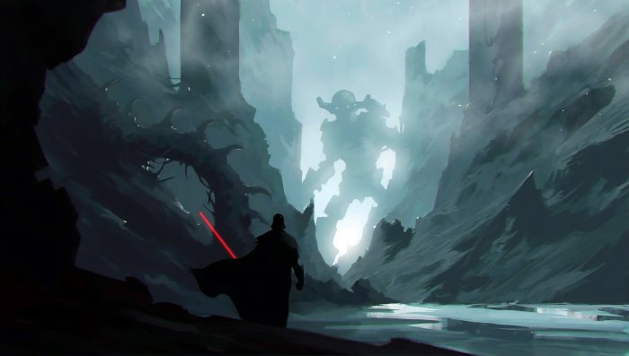 Darth Vader facing a giant colossus, Star Wars