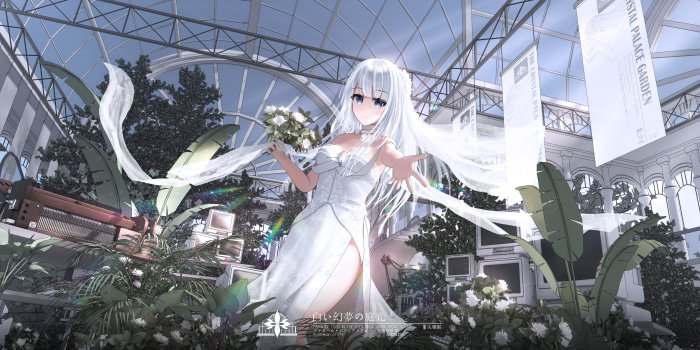 White-Haired Anime Bride in Crystal Palace Garden
