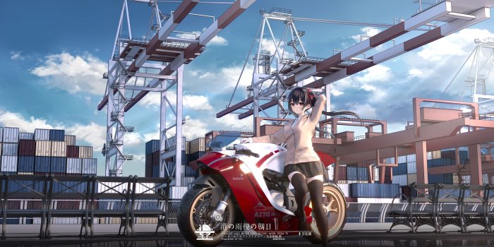Miwa Kujo from Aethel Effect with a Motorcycle
