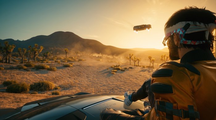V from Cyberpunk 2077 in the Badlands Desert