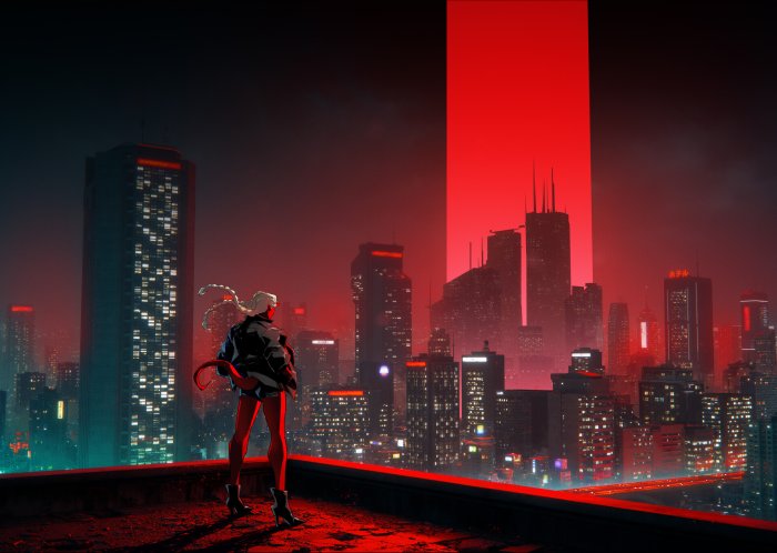 Anime Girl on Rooftop Overlooking Futuristic Red City