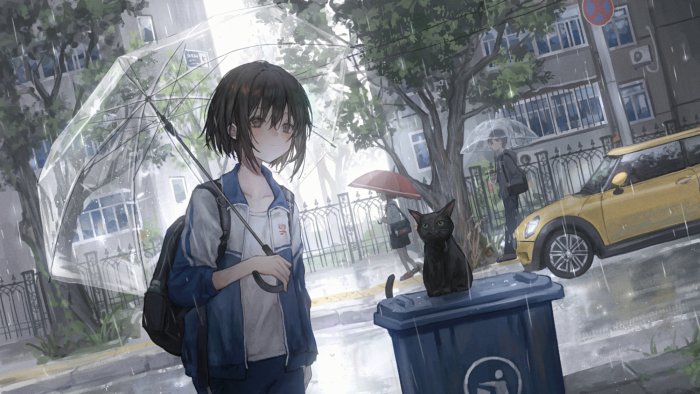 Anime Girl with Umbrella and Black Cat in Rain