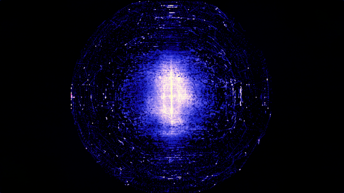 Abstract glowing blue digital sphere with glitch textures