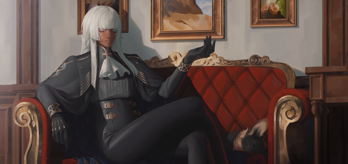Brigitta from Metaphor: ReFantazio on a Red Sofa