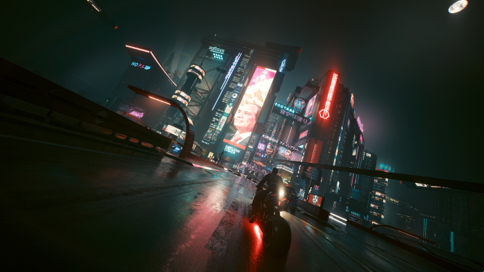 V riding a motorcycle in Cyberpunk 2077 Night City