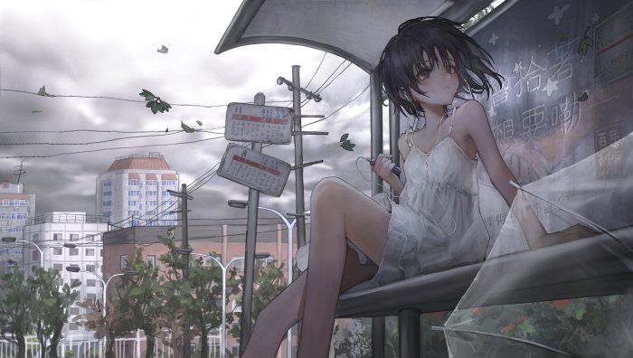 Anime girl in white dress at a bus stop