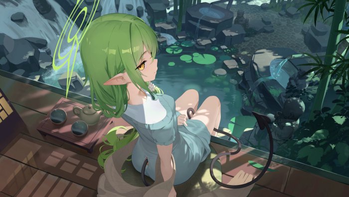 Green-Haired Elf Girl with Halo by a Garden Pond