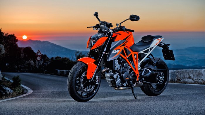 Orange KTM 1290 Super Duke R Motorcycle at Sunset