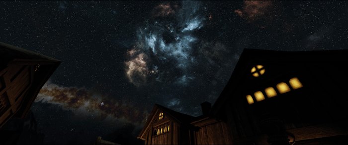 Starry night sky over Whiterun in Skyrim