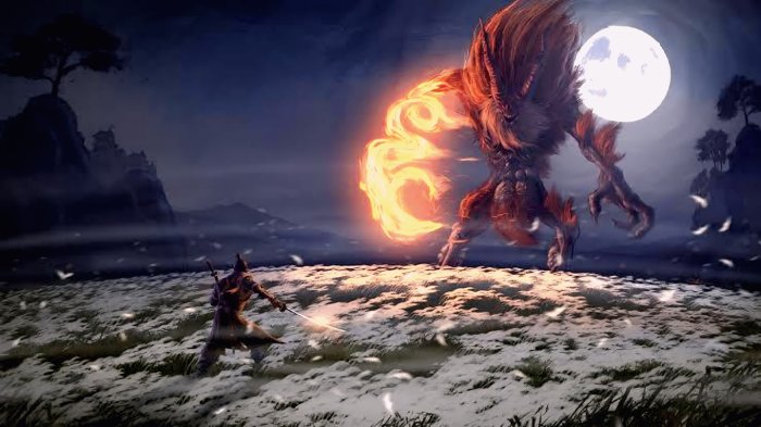 Wolf facing Demon of Hatred in Sekiro Shadows Die Twice