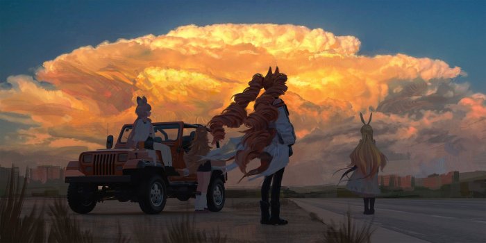 Arknights Characters with Jeep under Sunset Clouds