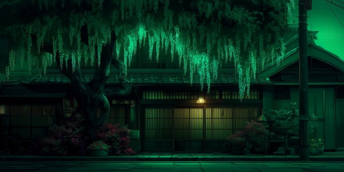 Traditional Japanese House Under Glowing Green Wisteria Tree