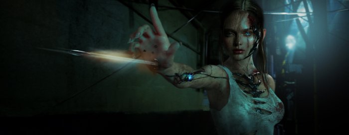 Cybernetic Woman Firing a Projectile from Her Hand