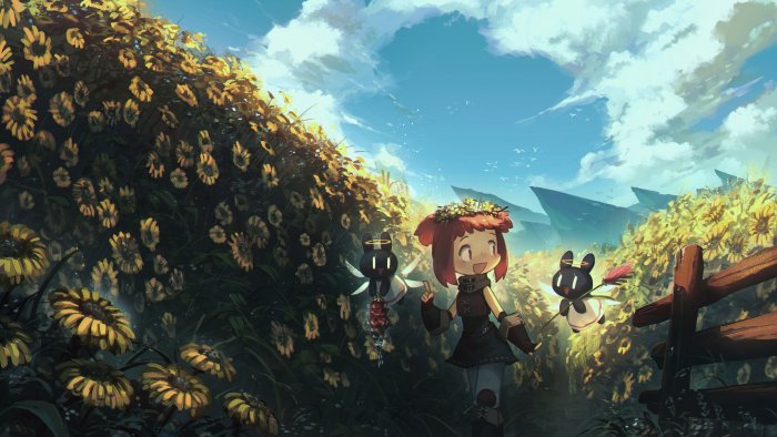Anime Girl and Cute Creatures in a Sunflower Field