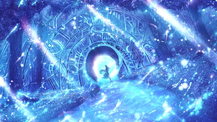 Anime Girl Standing Before a Glowing Blue Portal