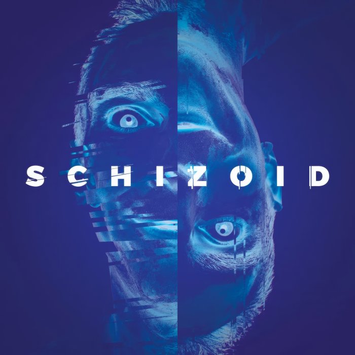 Glitched split face artwork with Schizoid text