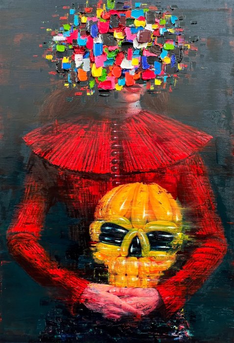 Surreal painting of figure holding yellow balloon skull