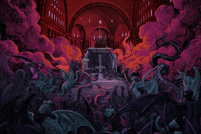 Demonic figure on a throne with inverted cross