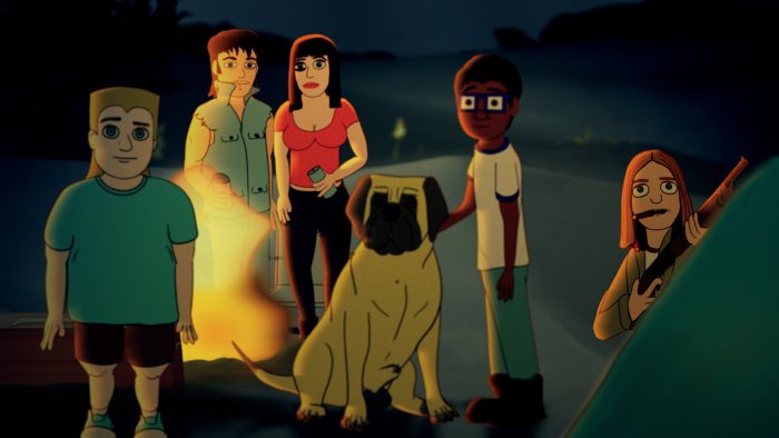 Characters from The Weird Kidz around a campfire