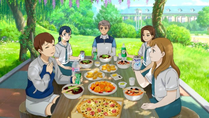 Characters enjoying an outdoor meal in Your Letter